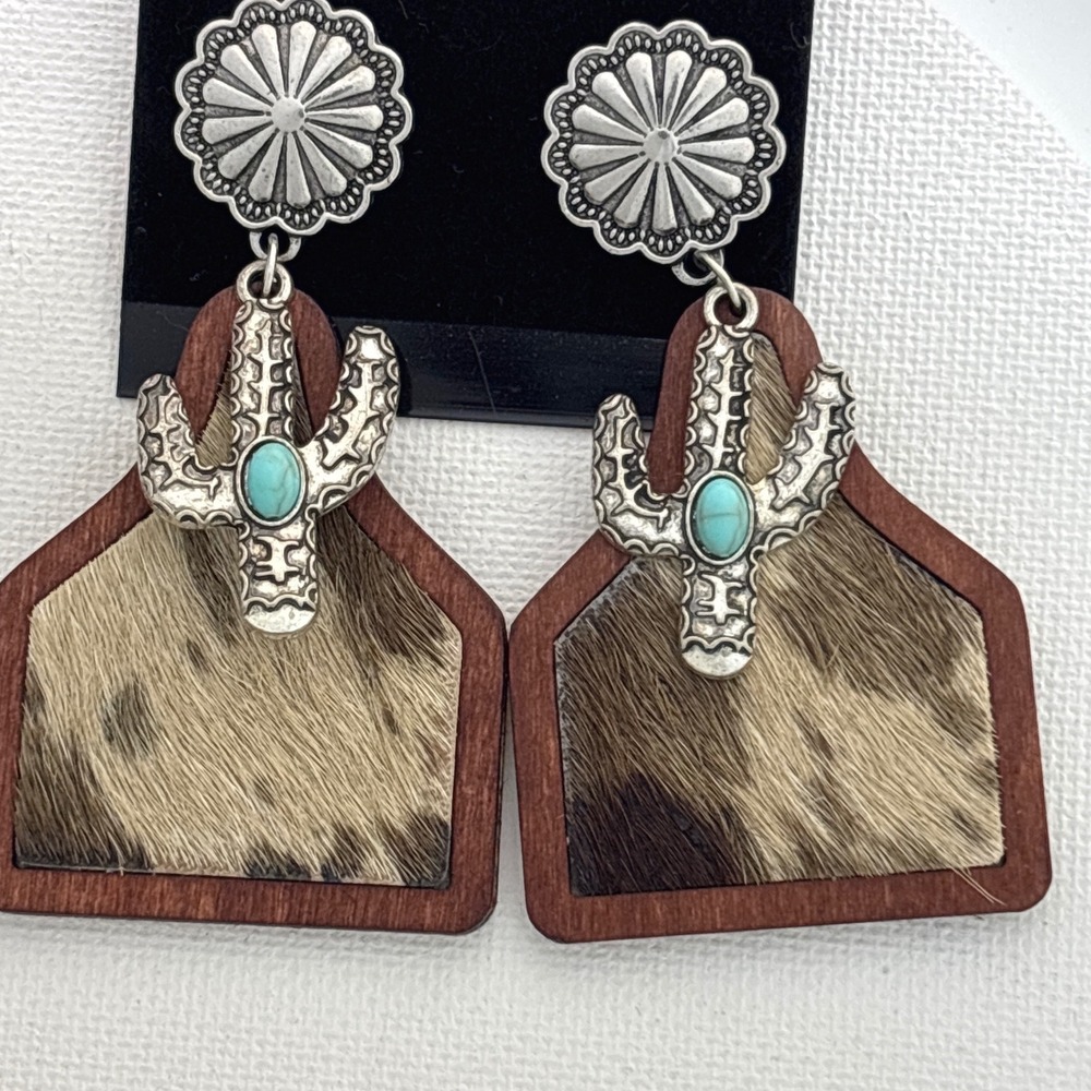 Earrings Wood Cowhide Turquoise Cactus Western Style Push Back New